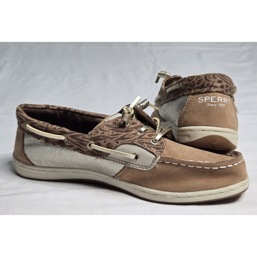 Sperry Top Slider Brown Beige Boat Shoe Comfort Leather Canvas Girls Size 4